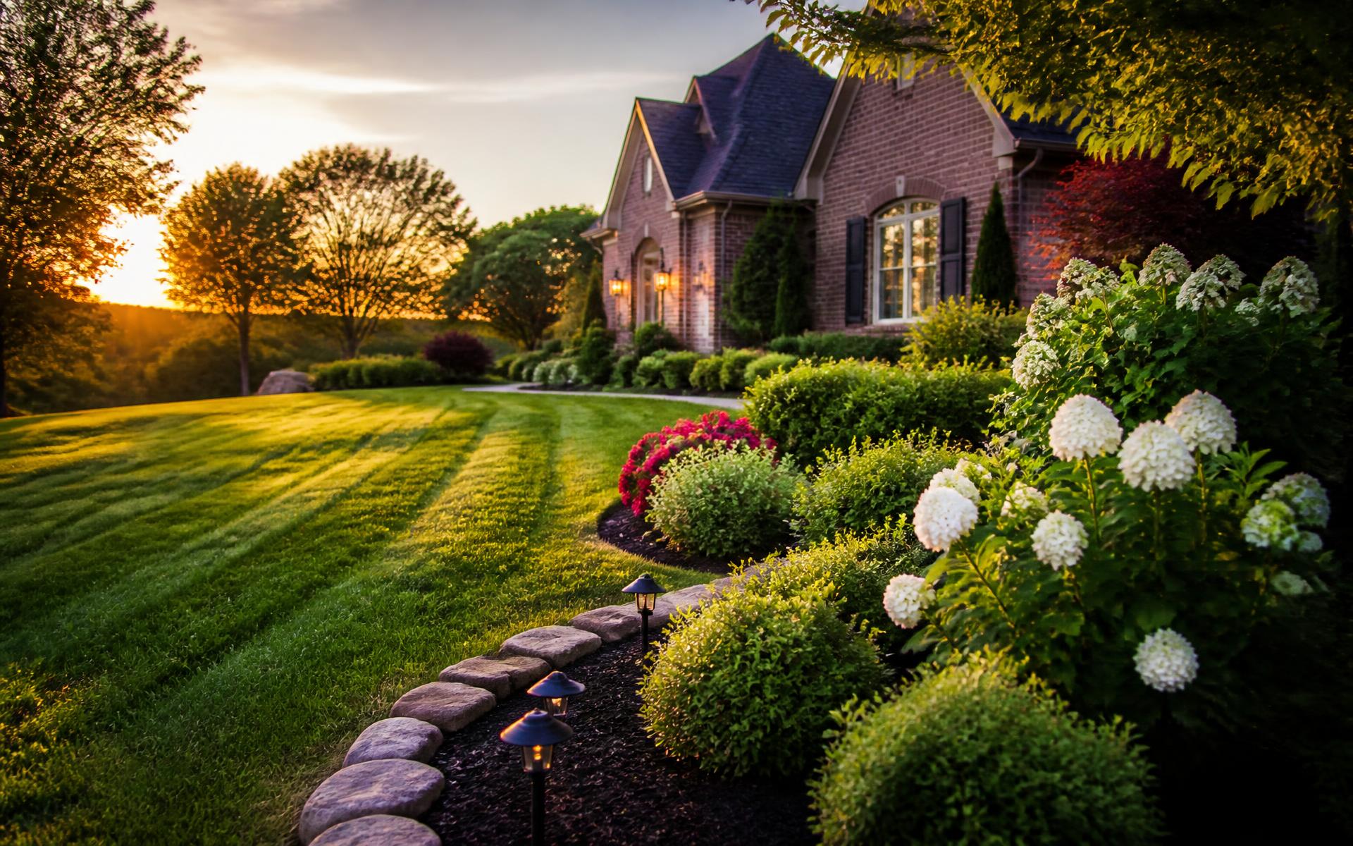 Manicured lawn, mulch beds and landscape lighting at a Murfreesboro, TN home