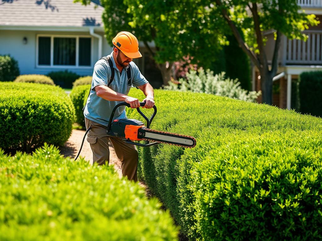 Tony and Son's crew member trimming hedges at a residential property