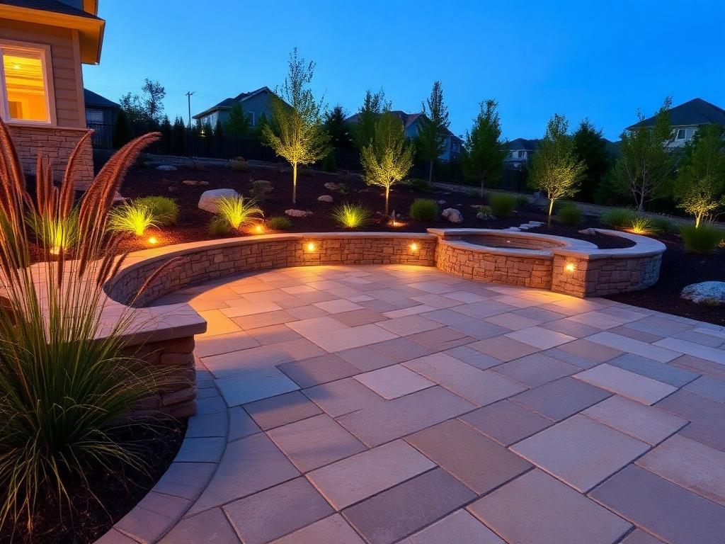 Stone patio with retaining wall and landscape lighting at dusk